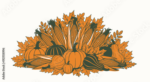 Pumpkins Gourds and Leaves Autumn Harvest.