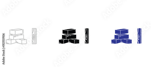 Construction brick stack and spirit level icon set with masonry tools for building, home renovation, and architecture projects in outline, solid black, and flat blue vector styles.