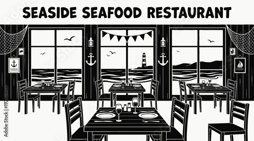 seaside restaurant interior dining table chair menu kitchen food hospitality service coastal atmosphere black and white design vector illustration