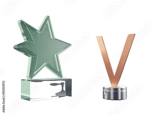 Modern glass star trophy and copper letter V award, on dark background for business success achievement