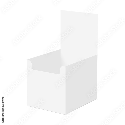 Cardboard counter display box with blank back header in perspective view. Vector mockup for product placement, in-store promotion and retail shelf presentation