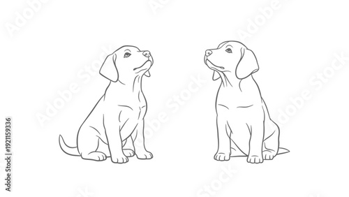 A charming illustration featuring two adorable young puppies, sitting patiently and looking upwards with a sweet, curious expression, perfect for children's books or pet-related designs.