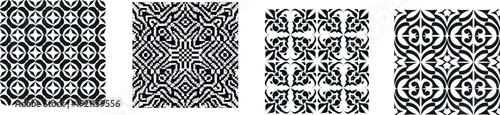Intricate black and white damask floral ornament symmetrical pattern design