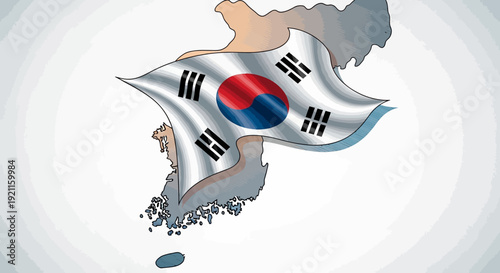 South Korea flag waving over map symbolizing national pride and identity