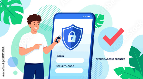 Secure Mobile Login & Two-Factor Authentication. Man Uses USB Key for Digital Security & Data Protection on Smartphone App with Access Granted.