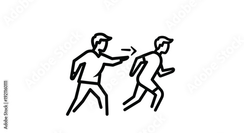 Simple line drawing depicts two figures one appears to be pushing the other