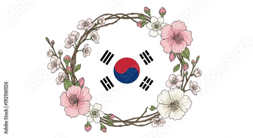 South Korean flag surrounded by beautiful cherry blossom flowers
