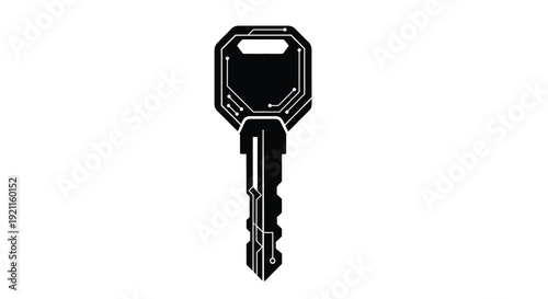 Black silhouette of a modern key with a unique angular blade design