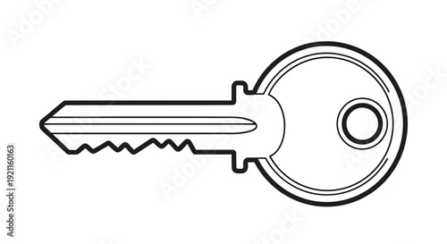 Simple black and white illustration of a standard house key with a circular head