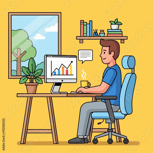 Man working on computer at home office desk, with plant and window view