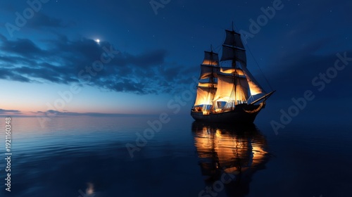 A large ship sails in the ocean at night. The sky is cloudy and the moon is visible in the background. The scene is serene and peaceful, with the ship being the only object in the water