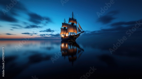 A large ship sails in the ocean at night. The sky is dark and cloudy, and the water is calm. The ship is the main focus of the image, and it is the only thing visible in the scene