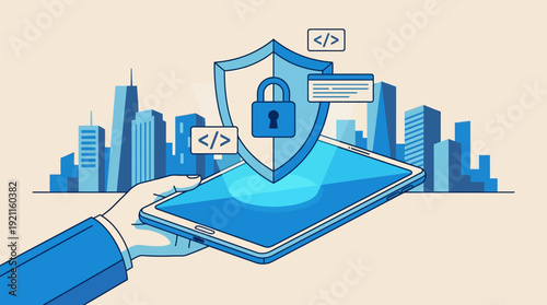 Secure Mobile Data & App Protection: Hand Holds Smartphone with Digital Security Shield, Padlock, and Code in Urban Landscape