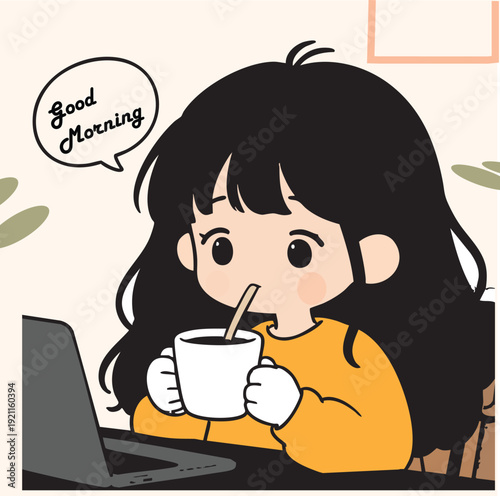 good morning artwork of girl, vector artwork