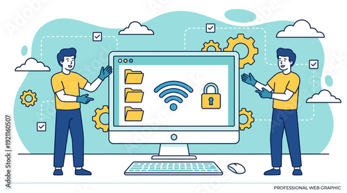 IT Professionals Managing Secure Cloud Network Data and Digital Protection Services. Concept of Cyber Security, Cloud Computing & Information Privacy.