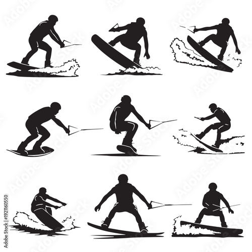 Black Wakeboarding Silhouette Vector, High Quality Illustration on White Background