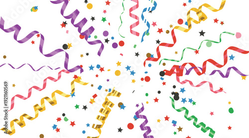 Vibrant party streamers and confetti on white background