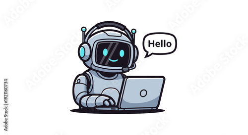 Friendly space explorer working on a laptop while greeting with a speech bubble.
