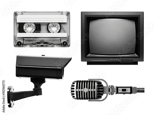 Retro Halftone Electronic Devices Vector Set (Cassette, TV, CCTV, Mic) Transparent PNG