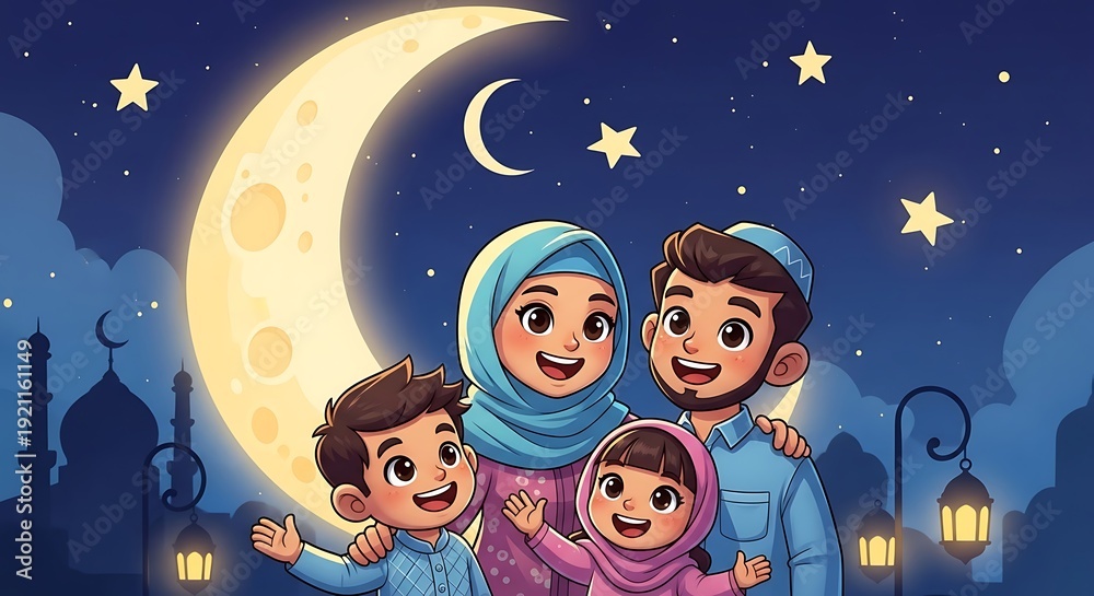 Naklejka premium Muslim family celebrating Ramadan night.