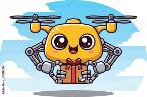 A whimsical drone with a cute robot puppy face holding a gift box in the sky