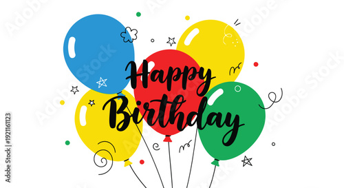 Vibrant vector illustration of colorful "happy birthday" balloons on a clean white background, creating a festive mood.