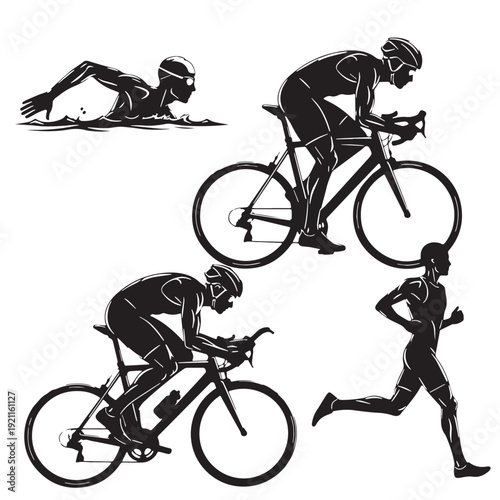 Black Triathlon Silhouette Vector, High Quality Illustration on White Background