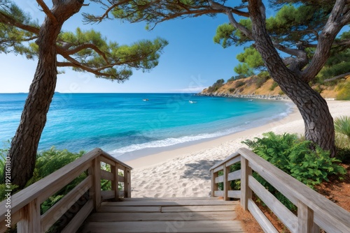Wooden stairs leading to scenic tropical beach destination