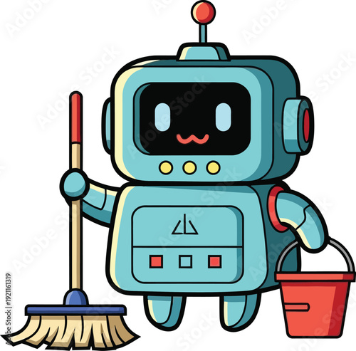 A cheerful robot character enthusiastically cleaning with a broom and dustpan