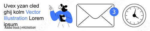Communication, notifications, email services, task management, scheduling, digital interaction. A person pointing to an envelope and clock. Communication and notifications concept
