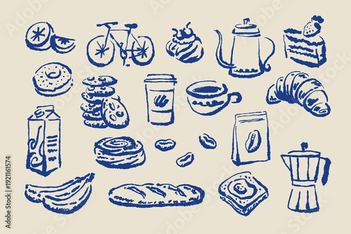 Whimsical Ink Hand Drawn Doodle of Italian Coffee Shop Items Collection 