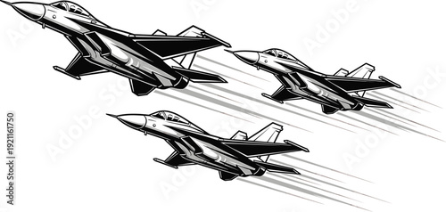 Four Black and Gray Fighter Jets Flying in Formation with Speed Streaks military aircraft jet formation