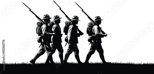 Four Soldiers Marching with Rifles Silhouette Black and White
