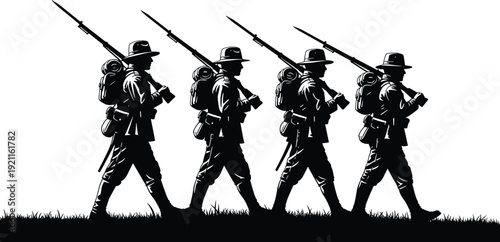 Four Soldiers Marching in Uniforms with Rifles Silhouette Black and White