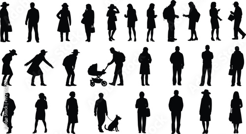 Silhouettes of people engaged in various activities and poses person human figures