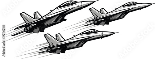 Three gray fighter jets flying in formation with motion lines gray jets military aircraft jet formation
