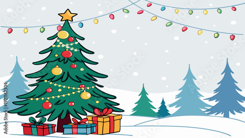 Christmas Eve Tree Vector with Gift Boxes and Snow