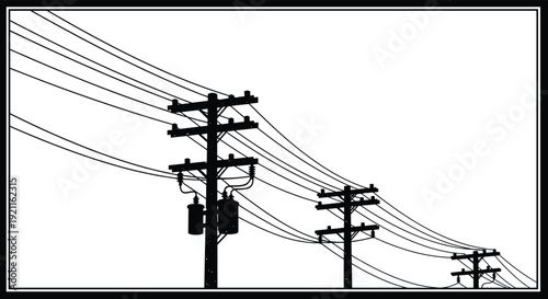 Black and white silhouette illustration of utility poles, electrical transformers, and power lines in perspective, infrastructure vector art for engineering, urban planning