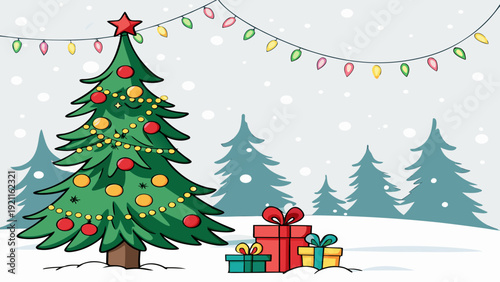 Christmas Eve Tree Vector with Gift Boxes and Snow