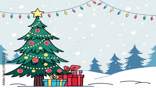 Christmas Eve Tree Vector with Gift Boxes and Snow