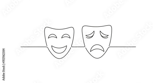 Theater masks representing comedy and tragedy simple line art illustration white background symbolic emotions dramatic arts concept