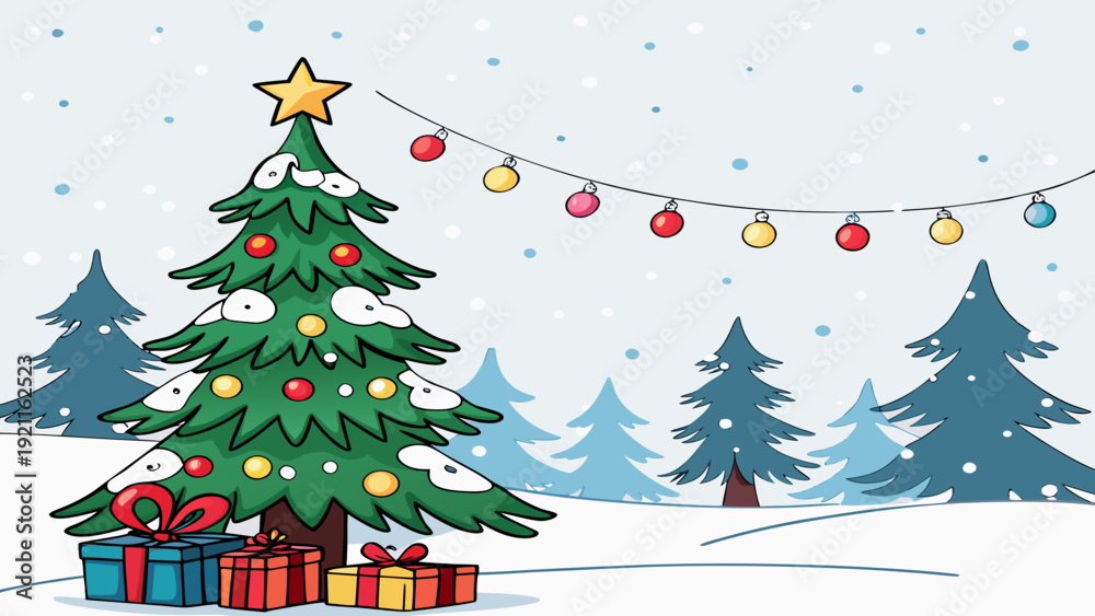 Fototapeta premium Festive Holiday Tree Vector Snowfall Winter Scene