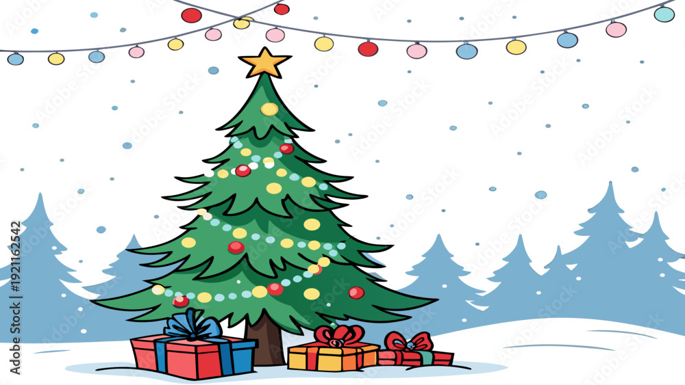 Fototapeta premium Decorated Tree Vector Winter Holiday Greeting Background