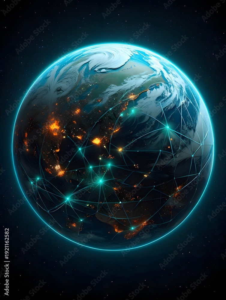 Obraz premium Glowing planet Earth with a network of digital connections highlighting global communication and technology