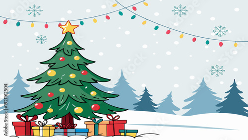 Decorated Christmas Tree Vector with Presents Illustration