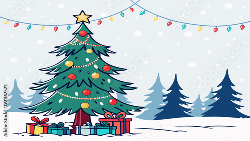 Festive Holiday Tree Vector Snowfall Winter Scene