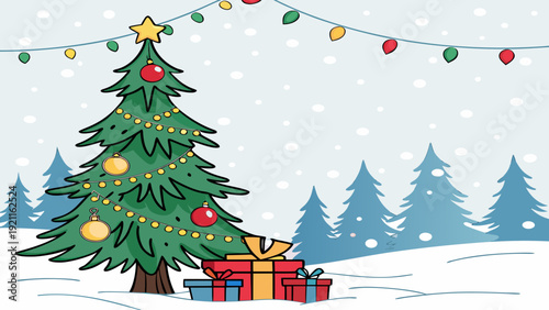 Festive Holiday Tree Vector Snowfall Winter Scene