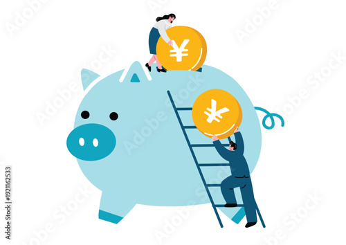 貯金箱とコインを持っているスーツ姿の男女