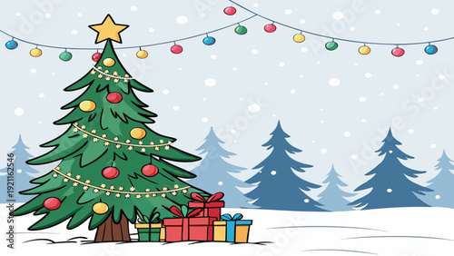Christmas Tree Vector with Lights and Gifts in Snow