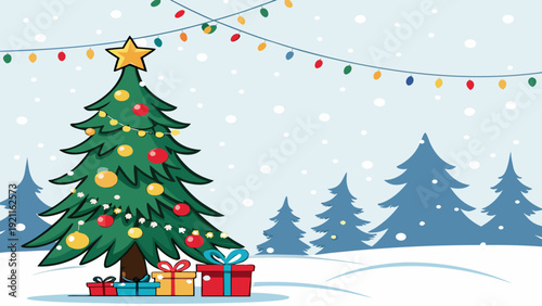 Christmas Tree Vector with Lights and Gifts in Snow